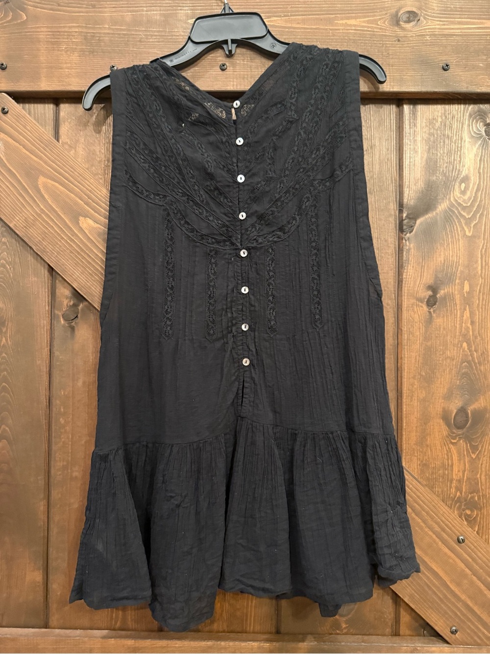 Free People Black Lace Detail Button Front Ruffle Hem Boho Tunic Top Size XSmall